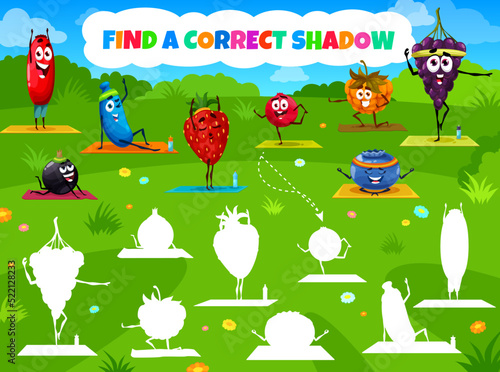 Find a correct shadow quiz game worksheet. Cartoon cute berry characters on yoga fitness. Childquiz or puzzle vector worksheet with strawberry, grape and cowberry, blueberry and honeyberry personages