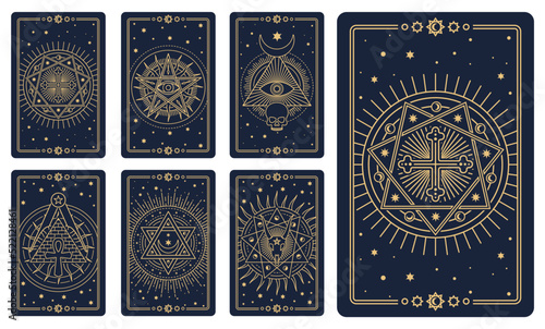 Tarot cards. Astrology arcana cards or occult ritual tattoo set. Tarot cards for divination or cartomancy with esoteric mason vector signs, line vector occult and magic symbols, satan pentagrams