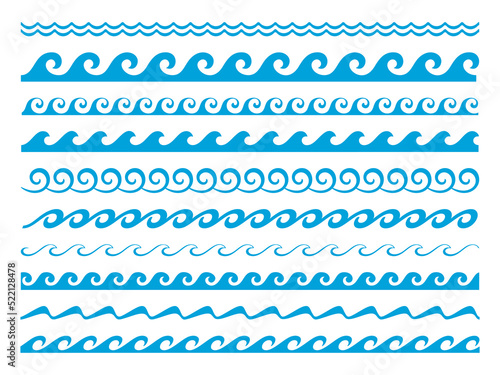 Sea and ocean wave water borders and frames. Water wave marine decoration, river or sea water flow frame isolated borders, blue wave line patterns, frame vector divider