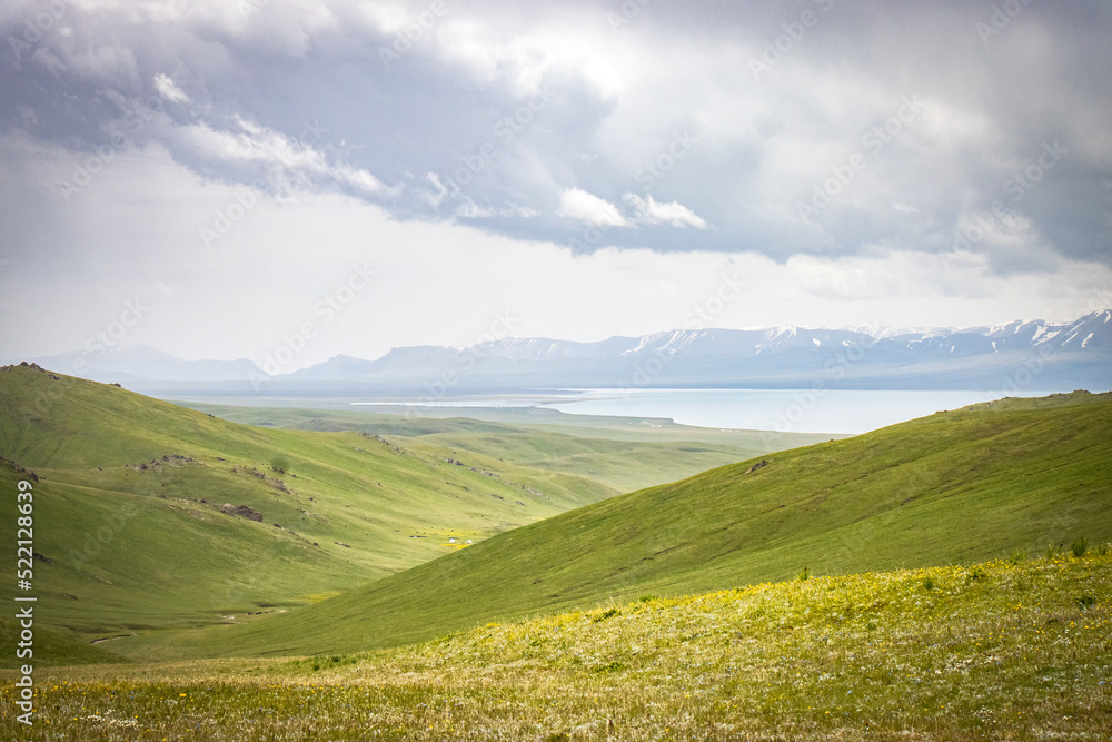 song-köl lake, jalgyz karagay pass, mountain area in kyrgyzstan, central asia, summer pasture