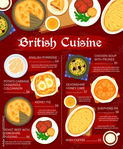 British cuisine food menu, English breakfast dishes and lunch meals, vector restaurant poster. Traditional British food porridge, potato and cabbage casserole with kidney pie and Devonshire honey cake