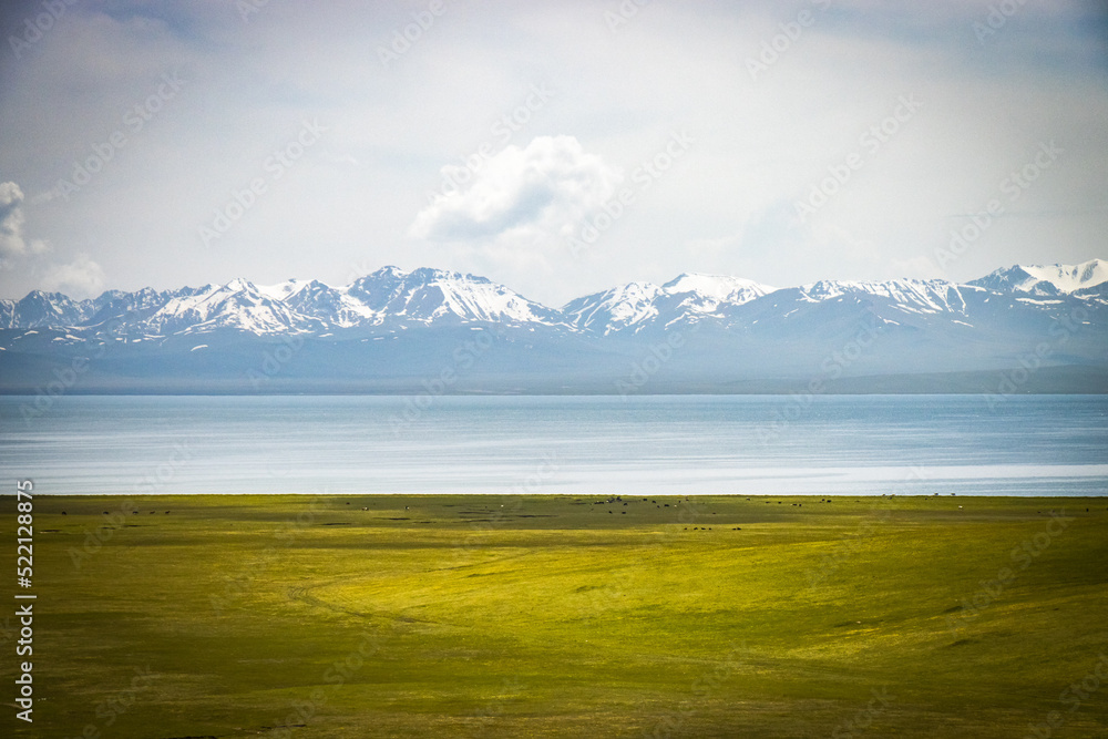 shore of song-köl lake, krygyzstan, central asia, mountains, high altitude	