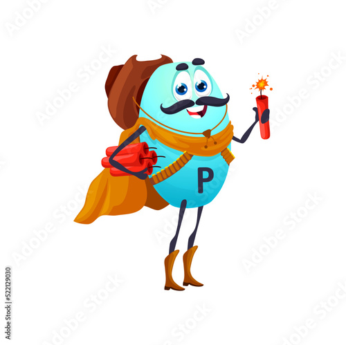 Cartoon vitamin P robber or bandit character with dynamite. Cowboy or ranger micronutrient, funny vector bioflavonoids element, wild west armed personage wear hat and cape. Texas fantasy western hero