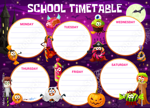 Timetable schedule, cartoon Halloween candy characters on cemetery. School classes or lessons planner, weekly study plan or time table with cute Halloween pumpkins, monster cakes and lollipops