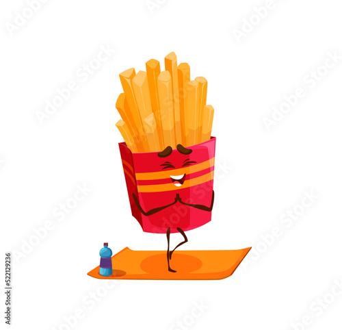 Cartoon french fries character on yoga fitness. Happy smiling fast food meal character, comical takeaway food dish. Happy french fries vector personage on standing on fitness mat in yoga pose