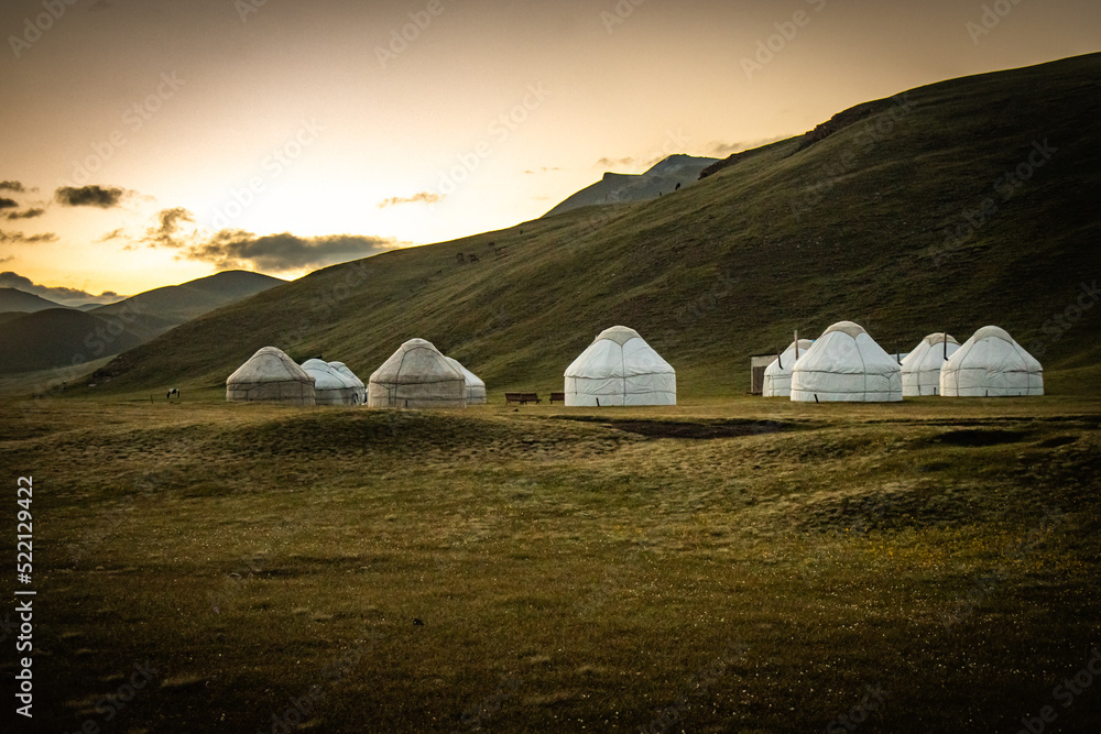 sunrise over the mountains, yurt camp, near song-köl lake, kyrgyzstan, central asia sunrise over the mountains, yurt camp, near song-köl lake, kyrgyzstan, central asia