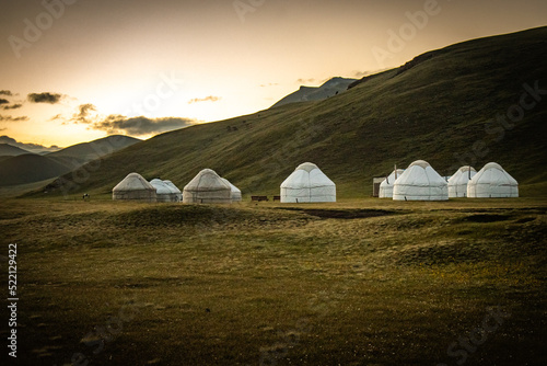 sunrise over the mountains, yurt camp, near song-köl lake, kyrgyzstan, central asia