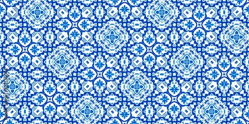  Blue white watercolor azulejo tile border background. Seamless coastal geometrical floral mosaic effect banner. Ornamental arabesque summer fashion repeat edge trim.