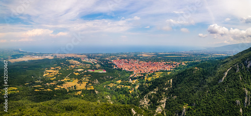 breathtaking ascending view of Leptokaria and Litochoro from Mount Olympus. High quality photo photo