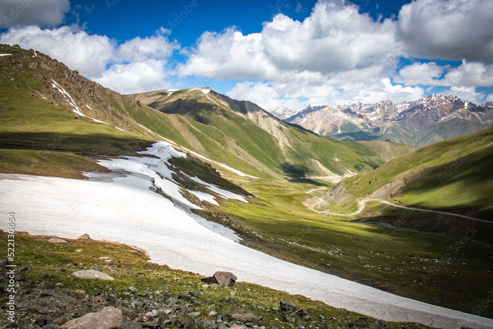 mountain landscape, high altitude, kyrgyzstan, central asia, mountain pass, snow