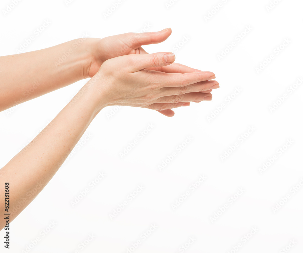 female hands do massage, touch each other, stroke each other on a white background isolated