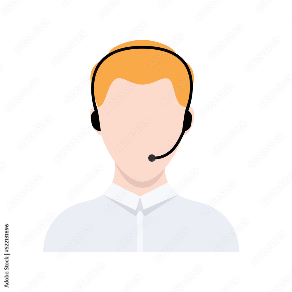 Support. Vector icon in flat design. Avatar of man with headphone isolated on white backdrop
