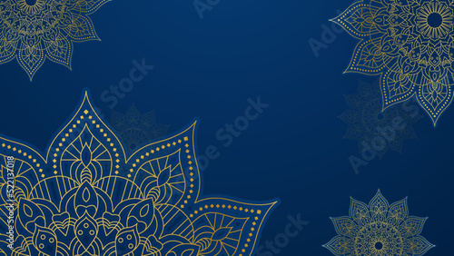 Mandala arabic blue Islamic design background. Universal ramadan kareem banner background with lantern, moon, islamic pattern, mosque and abstract luxury islamic elements