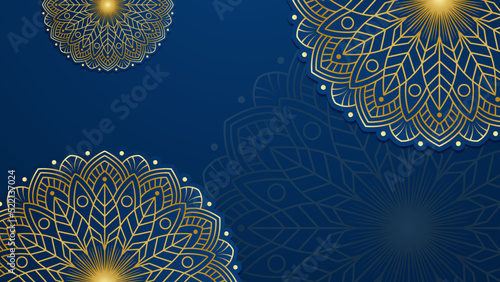 Mandala arabic blue Islamic design background. Universal ramadan kareem banner background with lantern  moon  islamic pattern  mosque and abstract luxury islamic elements