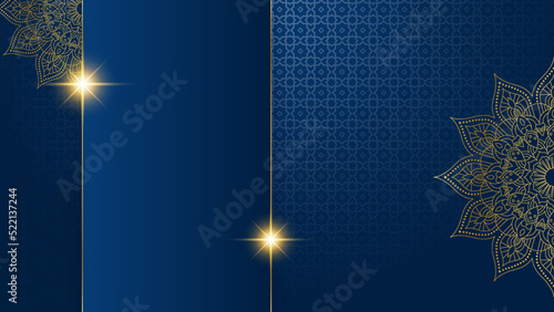 Mandala arabic blue Islamic design background. Universal ramadan kareem banner background with lantern, moon, islamic pattern, mosque and abstract luxury islamic elements