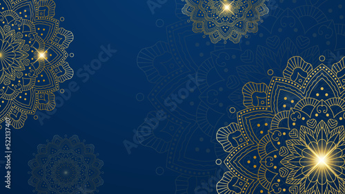 Luxury golden mandala wedding invitation card with abstract pattern. Luxury abstract blue and gold background with mandala pattern