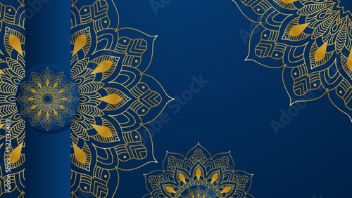 Mandala arabic blue Islamic design background. Universal ramadan kareem banner background with lantern, moon, islamic pattern, mosque and abstract luxury islamic elements