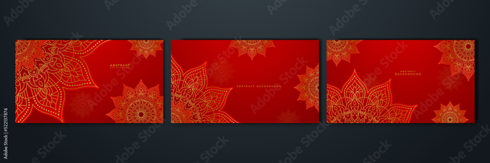 Luxury red gold mandala background for wedding card template with golden arabesque pattern Arabic Islamic east background style. Decorative mandala for print, poster, cover, flyer, banner.