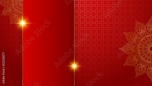 Luxury red gold mandala background for wedding card template with golden arabesque pattern Arabic Islamic east background style. Decorative mandala for print, poster, cover, flyer, banner.