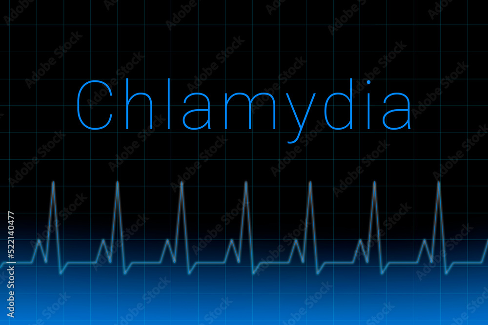 Chlamydia disease. Chlamydia logo on a dark background. Heartbeat line as a symbol of human disease. Concept Medication for disease Chlamydia. Chlamydia disease. Chlamydia logo on a dark background. Heartbeat line as a symbol of human disease. Concept Medication for disease Chlamydia.