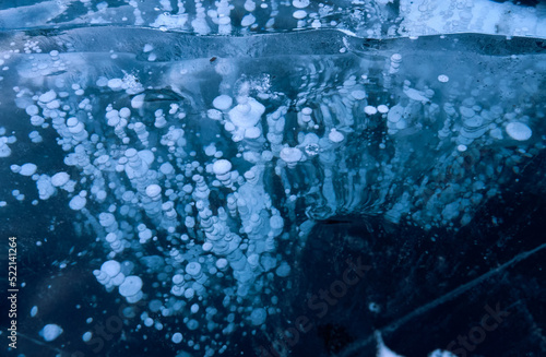 Ice bubbles, methane greenhouse gas trapped beneath frozen Arctic ice