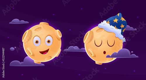 Bella ilustración de luna alegre. Vector de personaje de luna dormida con fondo de estrellas.