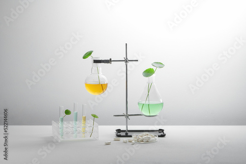 Herbal cosmetic products, laboratory glassware and ingredients photo