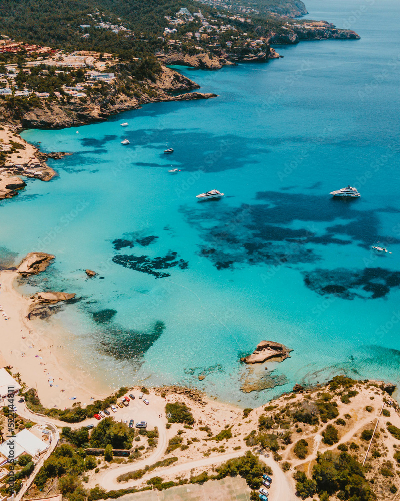 Aerial photograph of boats at anchor in Ibiza, Spain