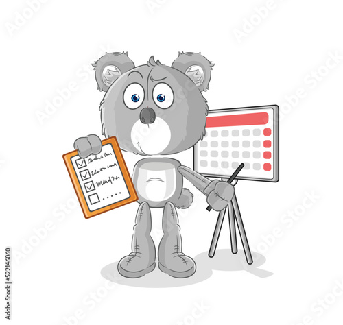 koala schedule list vector. cartoon character