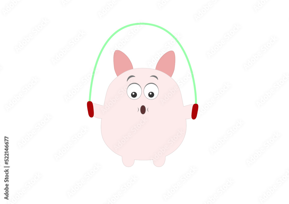 A smiling pig with an skipping rope A smiling pig with an skipping rope