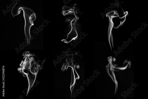 Multi style of white smoke pack shot in studio, white smoke from incense and black background, wave and splash shape for design, object and background concept