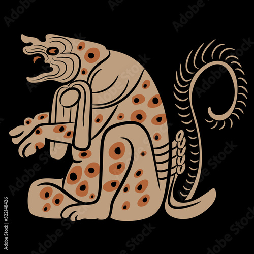Fantastic animal. Native American ethnic design of Maya Indians. On black background.