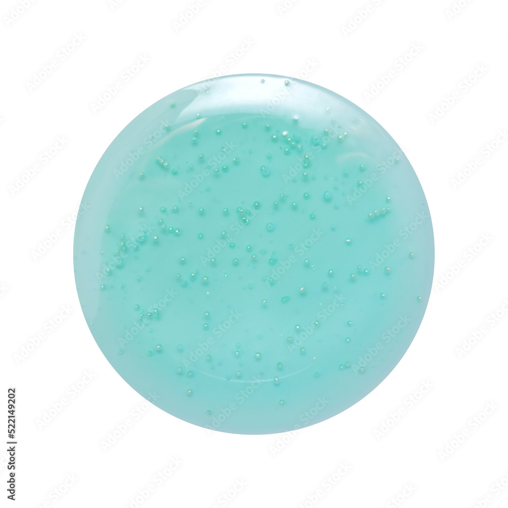 A drop of blue gel on a white background. Gel with cleansing particles. A sample of a facial or body cleanser. A drop of blue gel on a white background. Gel with cleansing particles. A sample of a facial or body cleanser.