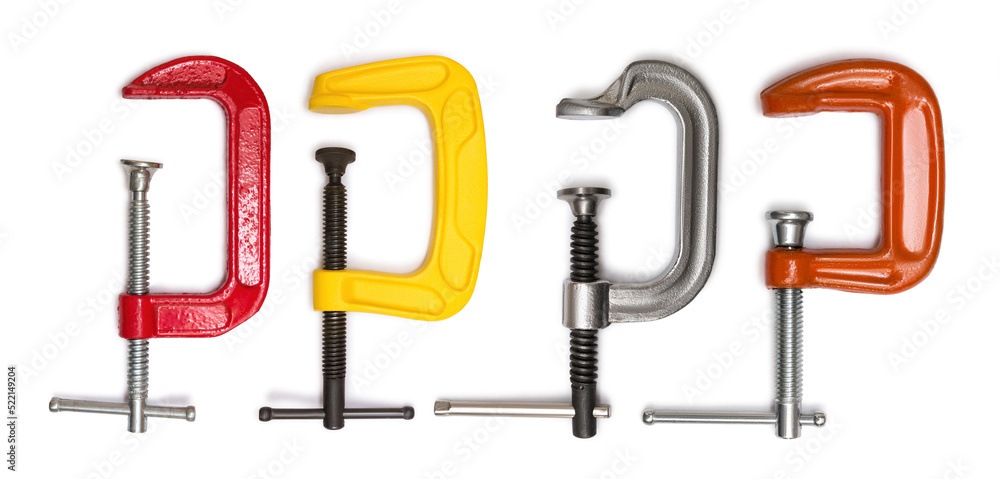 Set of steel clamps tool isolated on white background