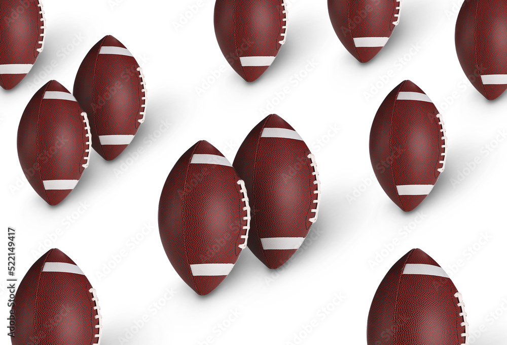 Fototapeta premium Many leather American football balls on white background