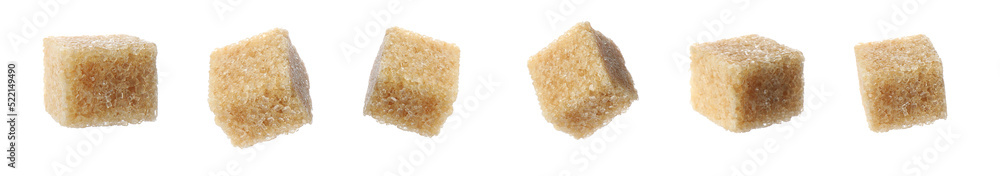 Set with cubes of brown sugar on white background. Banner design Set with cubes of brown sugar on white background. Banner design