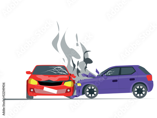 Traffic collision between two cars on white background  illustration