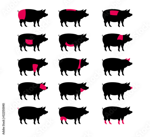 Set of black stickers labels of pig silhouette with red highlighted cutting parts for butchery store, restaurant menu or cooking book or guide.
