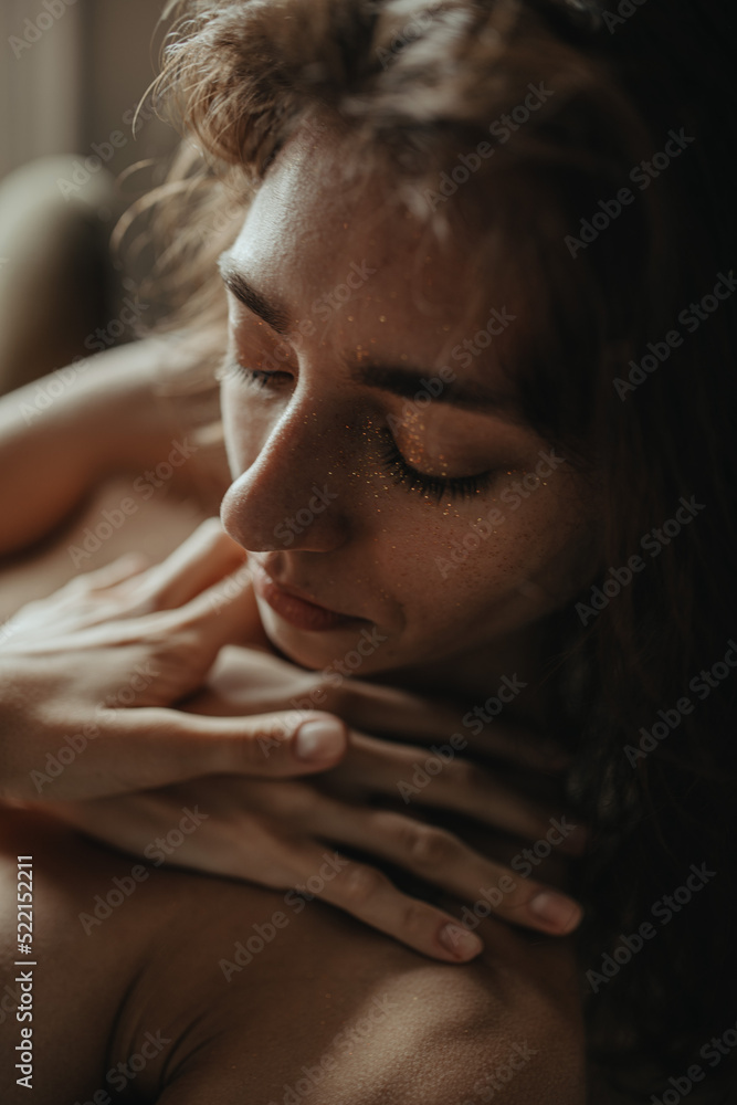 Lying girl with crossed arms on her chest Lying girl with crossed arms on her chest