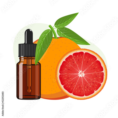 Grapefruit essential oil in brown glass bottle, herbal alternative medicine treatment product, vector Illustration on white background