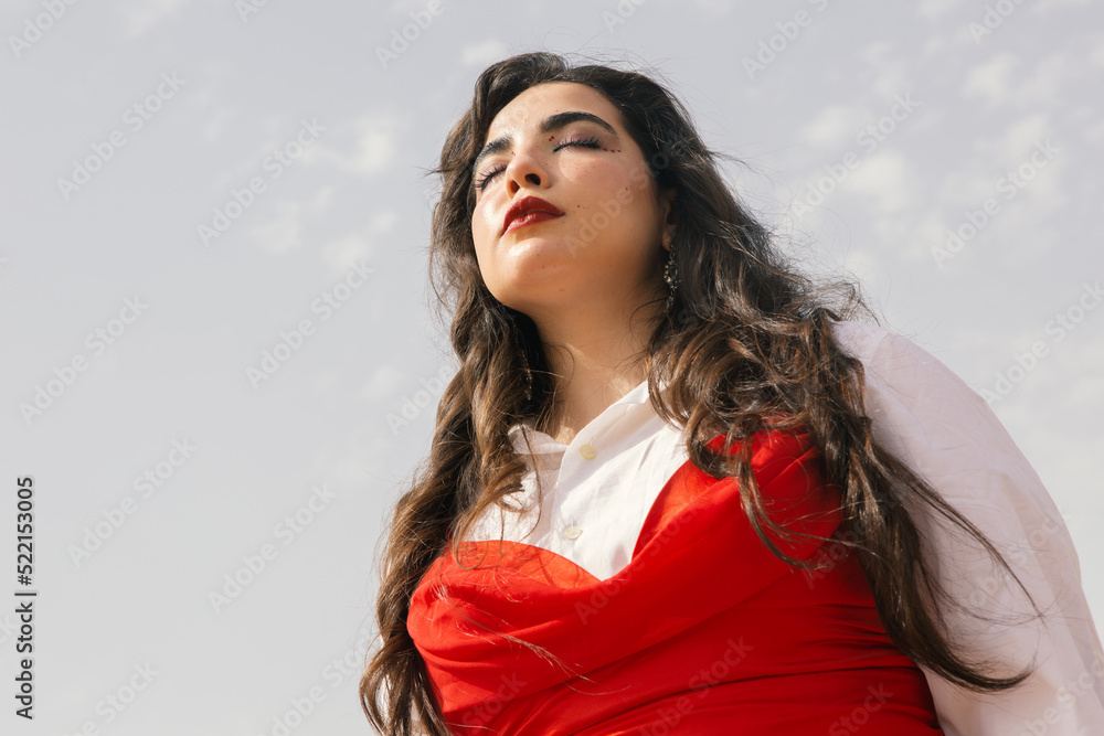 Beautiful young girl with long black hair wearing red dress in nature ...