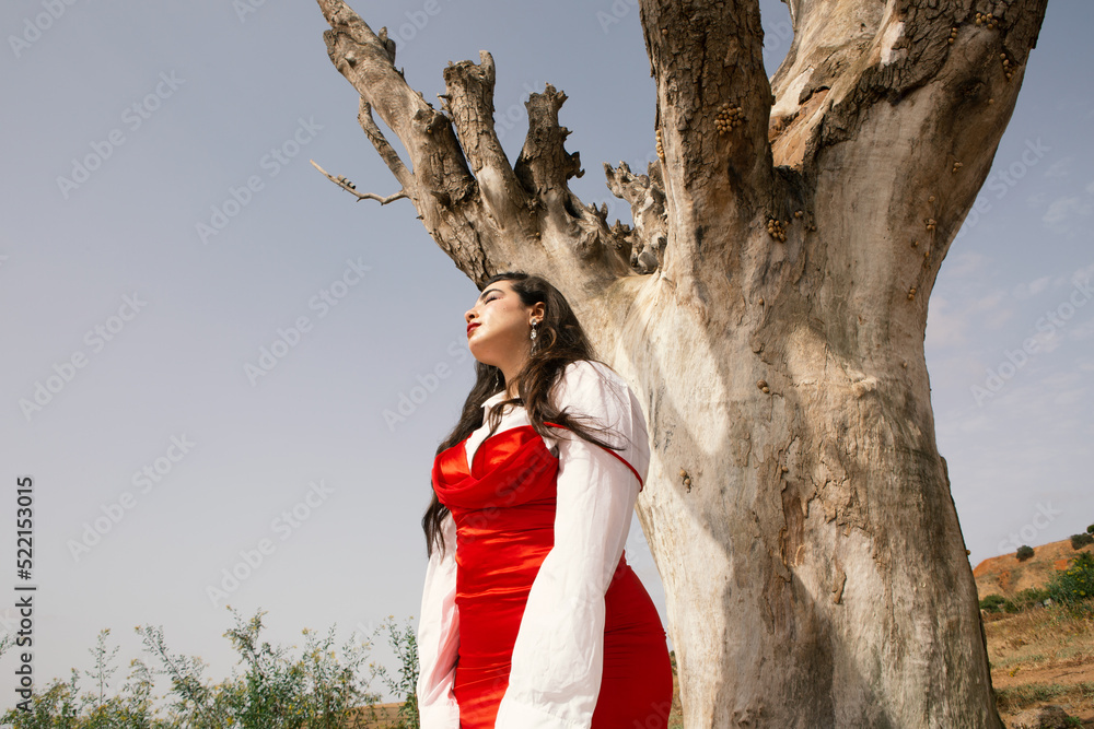 Beautiful young girl with long black hair wearing red dress in nature ...