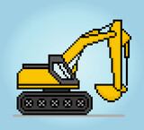 8 bit pixel excavator. construction car object for game assets in vector illustration.