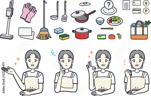 主婦をイメージした女性と家事（掃除・料理・買い物）のイラスト素材セット