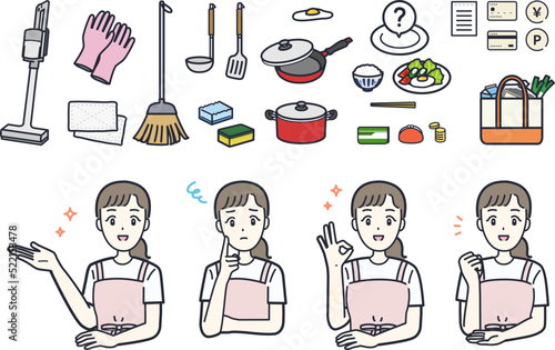 主婦をイメージした女性と家事（掃除・料理・買い物）のイラスト素材セット