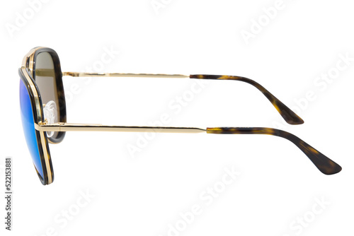 Gold metal frame sunglasses tortoise texture frame blue shades lens men and women glasses side view