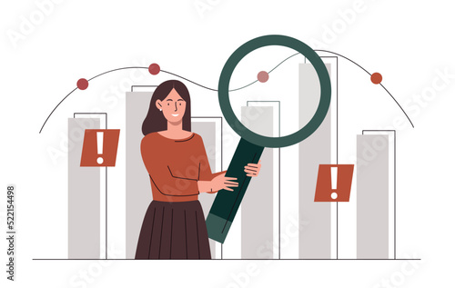 Woman with magnifying glass. Employee analyzes graphs and charts, works with statistics and collects electronic information. Digital world and marketing research. Cartoon flat vector illustration