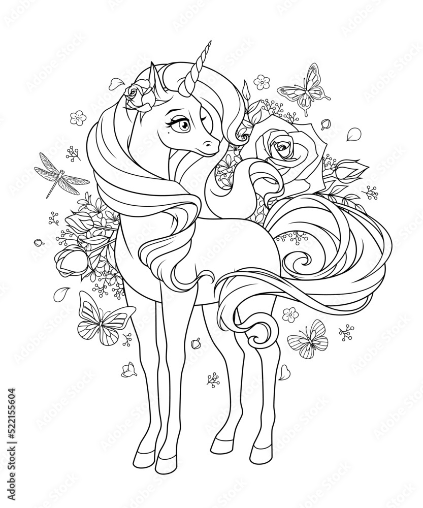 Beautiful unicorn surrounded with flowers and butterflies. Cartoon vector illustration for coloring.