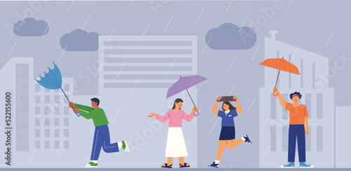 People on the street on a rainy day. A person who runs without an umbrella. A person with an umbrella blowing in the wind. flat design style vector illustration.