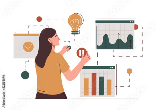 Design and development. Girl analyzes graphs and charts, work with statistics and analytical department. Information and preparation of slides for presentation. Cartoon flat vector illustration